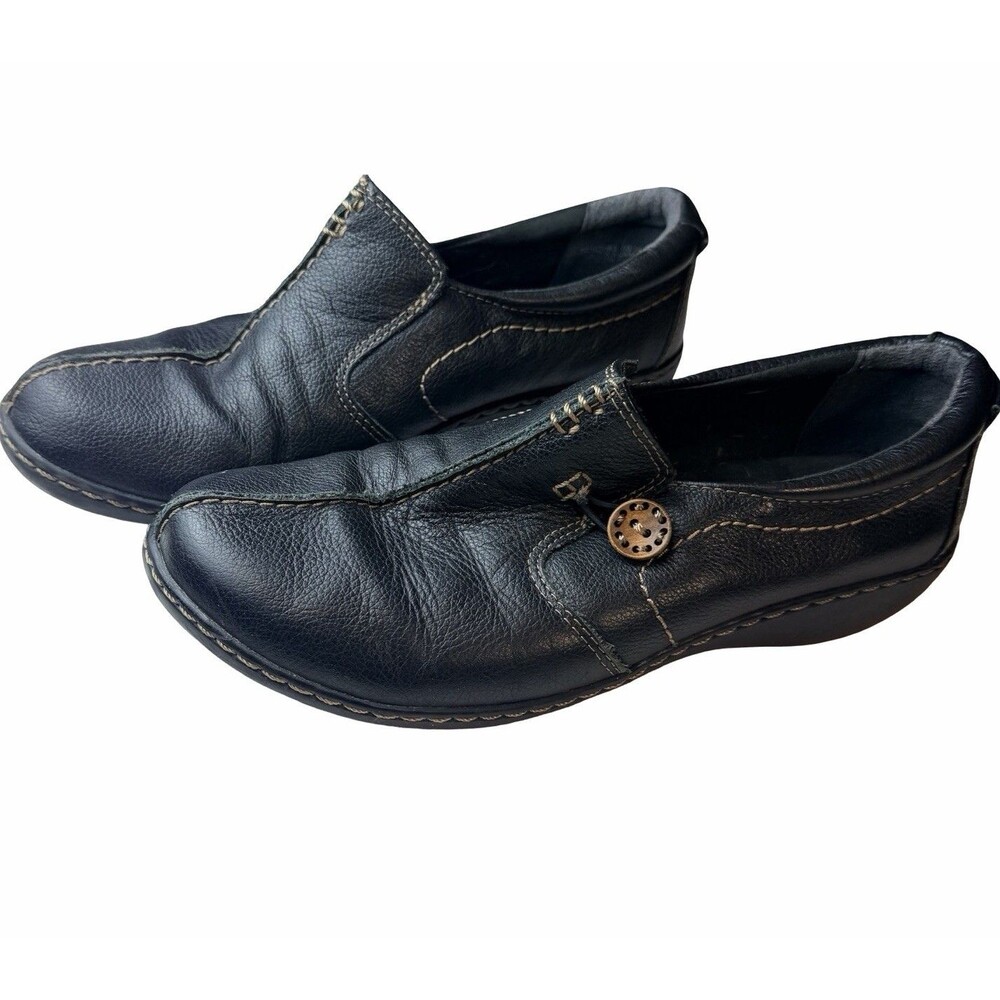 Clarks Un.Loop Loafers Women 9 M Black Leather Comfort Button Slip On Shoes Boho